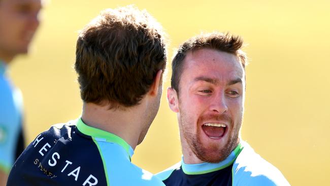 Matt Moylan and James Maloney during warm up for the NSW Blues Origin team training session. Picture: Gregg Porteous