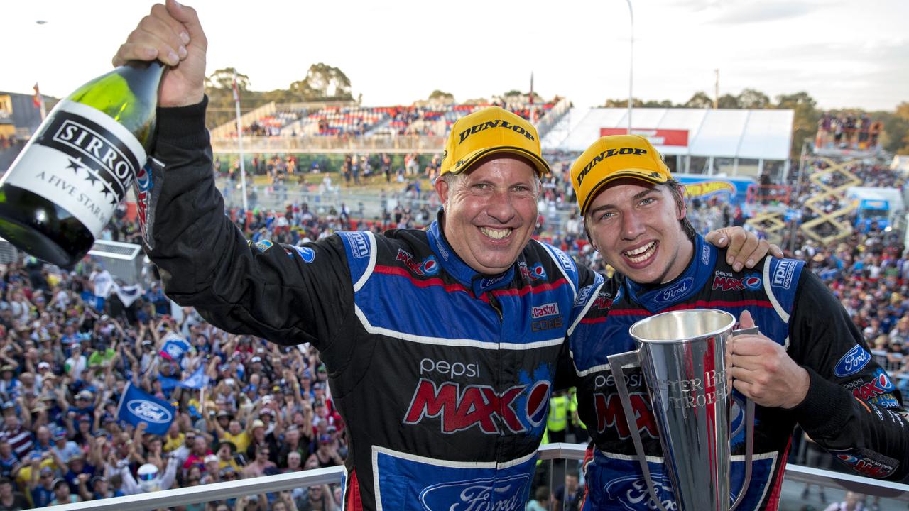 Chaz Mostert and Paul Morris celebrate their win at Mount Panorama in 2014.