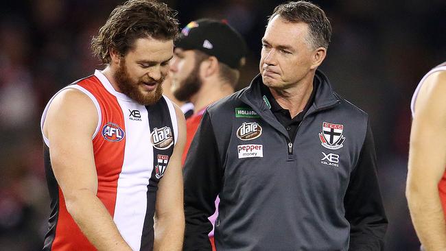 St Kilda coach Alan Richardson talks with Jack Steven pre game. Pic: Michael Klein