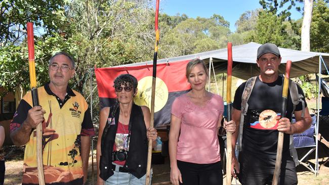 (Left to right) Wit-booka, Diane Djaki Widjung and Senator Larissa Waters at the 'Gympie Pyramid' / Djaki Kundu site on Thursday April 15. Photo: Kristen Camp