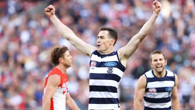 Jeremy Cameron throws his arms in the air after booting a goal in the grand final against the Swams. Picture: Mark Kolbe/AFL Photos/via Getty Images.