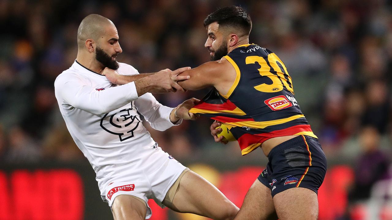 Adam Saad had a tough night against the Crows in Round 20. Picture: Sarah Reed/AFL Photos