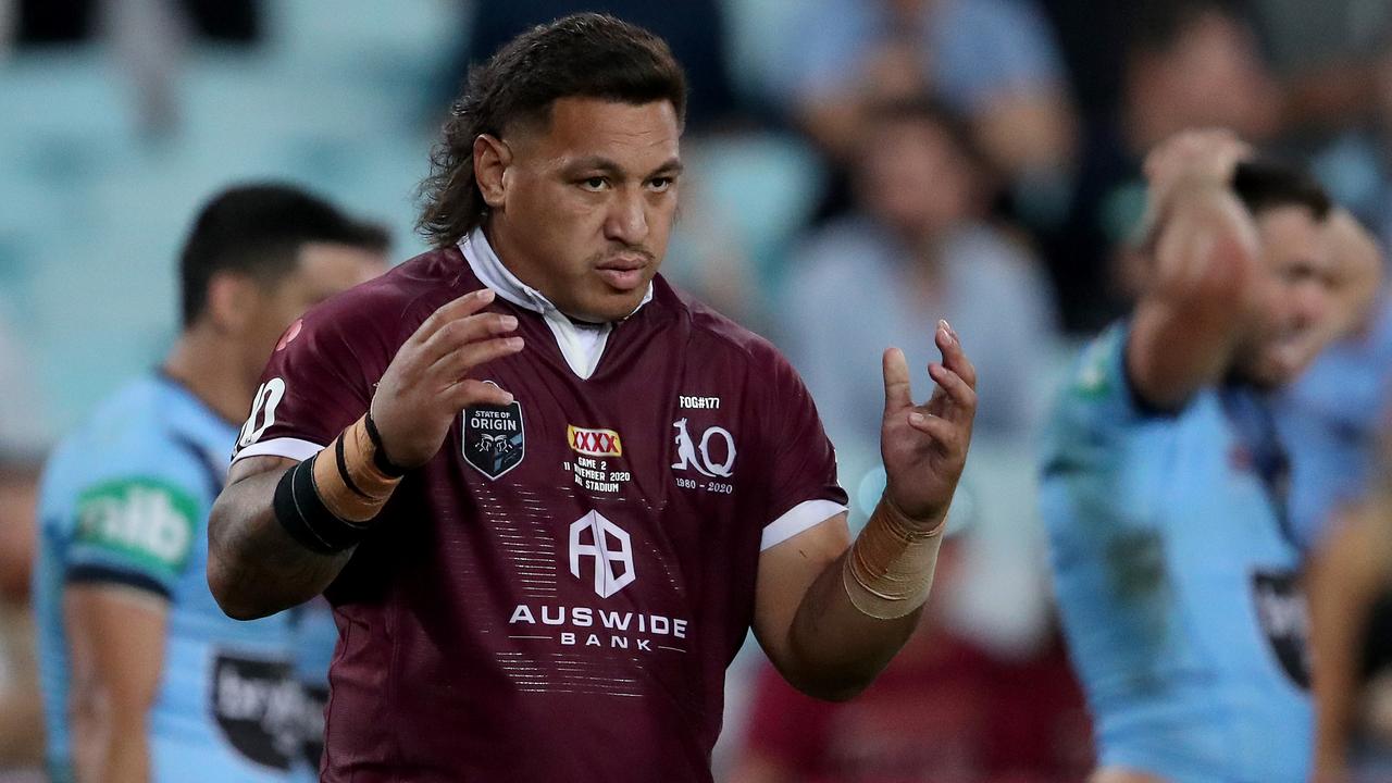 SYDNEY, AUSTRALIA - NOVEMBER 11: Josh Papalii of the Maroons reacts during game two of the 2020 State of Origin series between the New South Wales Blues and the Queensland Maroons at ANZ Stadium on November 11, 2020 in Sydney, Australia. (Photo by Cameron Spencer/Getty Images)