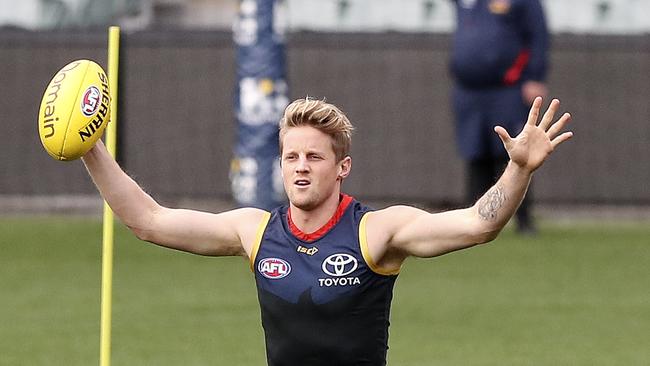 Adelaide Crows training at Adelaide Oval. I'm Here - Rory Sloane alerts everyone on his presence. running well from a hamstring injury.  Picture SARAH REED