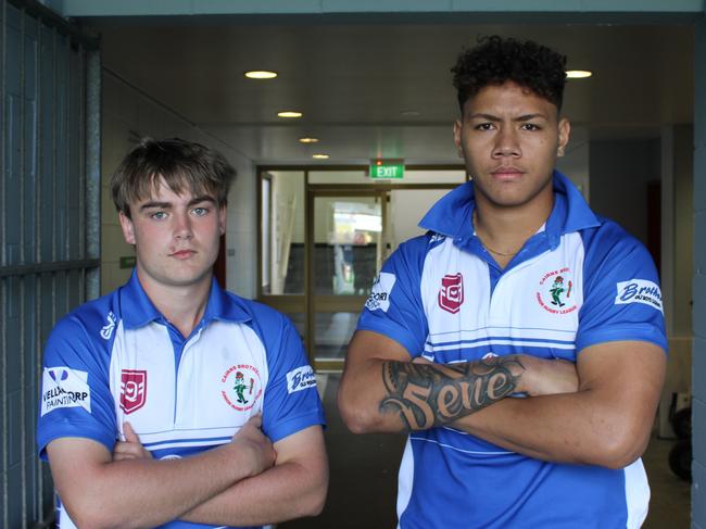 Lucas Russell and Elsiyah Laumatia of the Cairns Brothers before the Far North Queensland Rugby League under 17s grand final against Innisfail Leprechauns at Barlow Park. Picture: Jake Garland