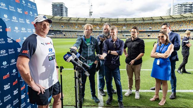 Michael Voss speaks to the media ahead of the preliminary final. Picture: Richard Walker