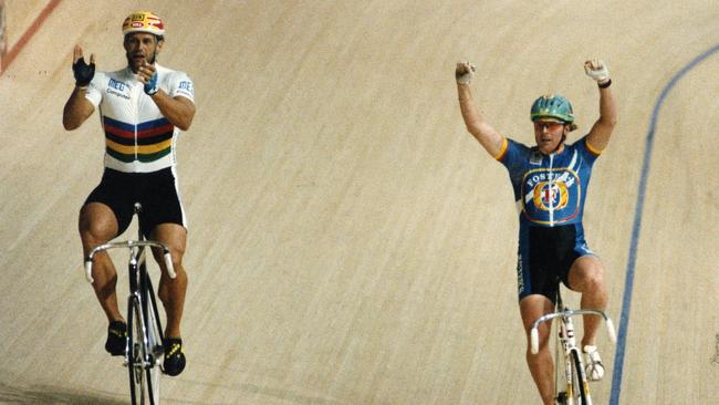 Australian Gary Neiwand (r) and Hubner after a race in 1993.