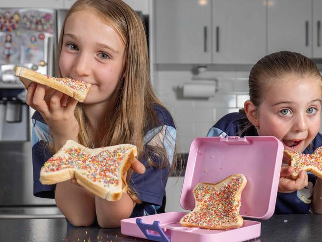 Imogen Fieg, 7 and Elouise Fieg, 5 with Fairy Bread at their house in Woodcroft SA. Pictured on Feb 12 2024. Picture: Ben Clark