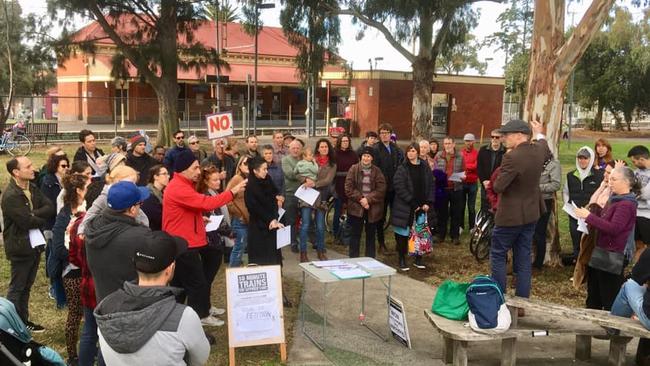 Brunswick state MP Tim Read speaks at a snap rally about sky rail on the Upfield train line in Gandolfo Gardens in Coburg on June 16.