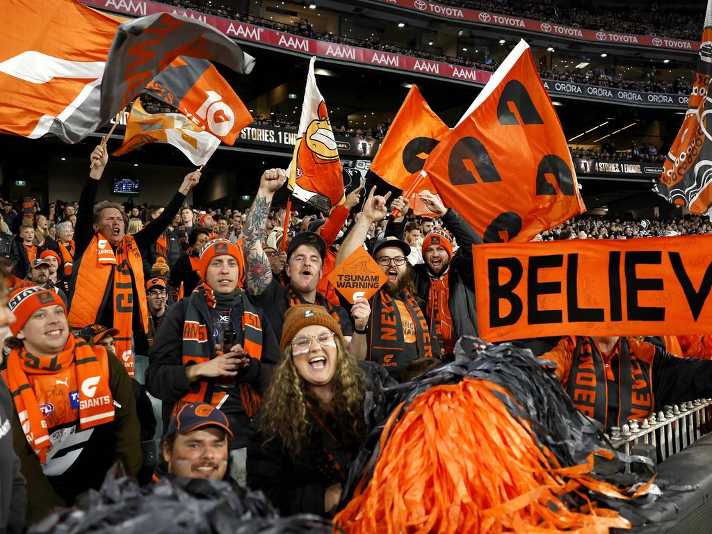 GWS fans show their colours at the MCG. Picture: Phil Hillyard