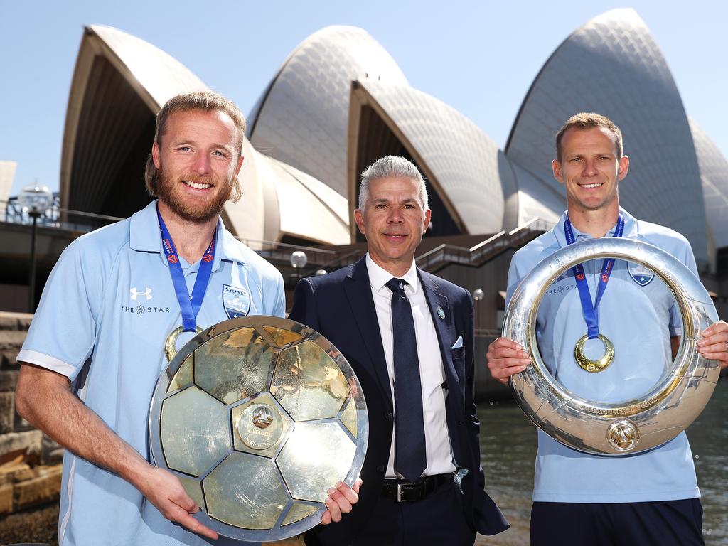 Rhyan Grant, Steve Corica and Alex Wilkinson when Sydney FC won the double in 2020. (Photo by Mark Kolbe/Getty Images)