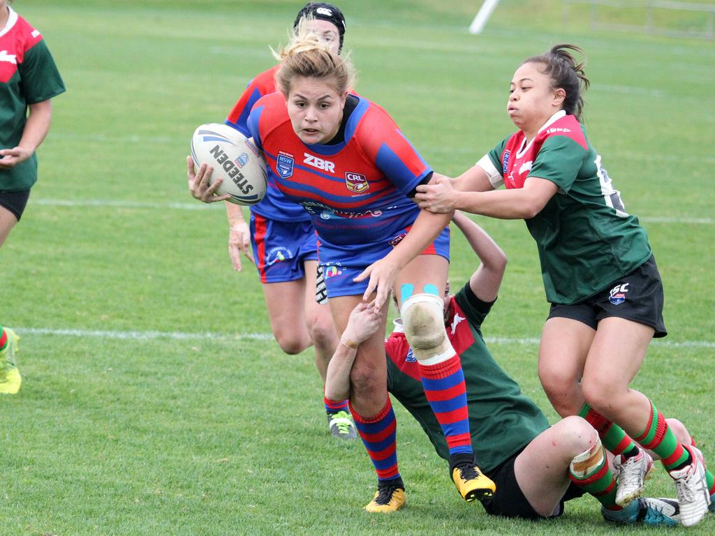 Caitlan Johnston playing for CRL Newcaslte in 2018. Picture: AAP Image/Mark Scott