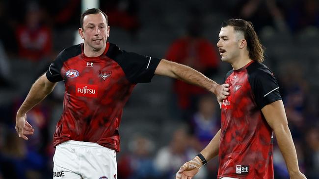 Brad Scott says Bombers ruckmen Todd Goldstein (left) and Sam Draper could both play on Anzac Day despite Peter Wright’s return. It would be Goldstein’s Anzac Day debut after 18 seasons in the competition. Picture: Michael Willson / Getty Images