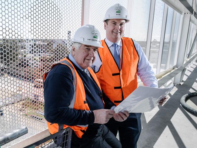 CEO of City of Playford Mal Hemmerling and Mayor Glenn Docherty in the new Windsor Carpark in Elizabeth, Adelaide, Tuesday, August 21, 2018. (AAP Image/Morgan Sette)