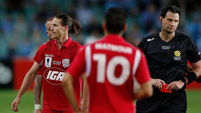 Adelaide’s Michael Marrone is shown a red card and sent off during the FFA Cup Final against Sydney FC. Picture: Zak Kaczmarek/Getty Images