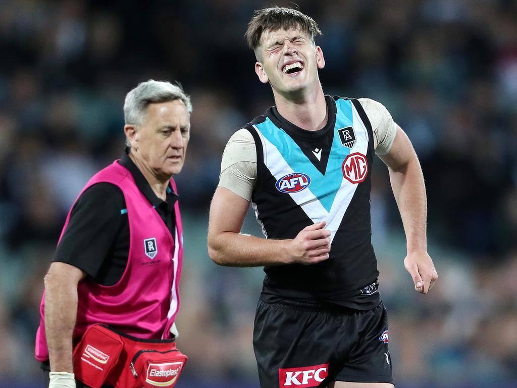 Zak Butters suffered a syndesmosis blow. Picture: Sarah Reed/AFL Photos/Getty Images