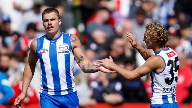 The big Roo celebrated a pre-season goal. Picture: Dylan Burns/AFL Photos