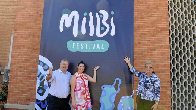 CELEBRATION OF COMMUNITY: Bundaberg Mayor, Jack Dempsey, artist, Rachael Sarra and Councillor, Judy Peters were excited to unveil the first look at the vibrant branding for the Milbi Festival in November. Picture: Rhylea Millar