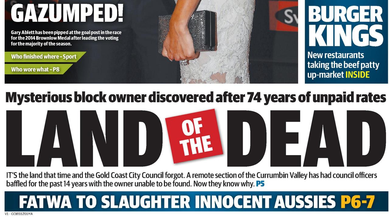 Gold Coast Bulletin front page: September 23, 2014, revealing the bizarre story of the Currumbin Valley site.