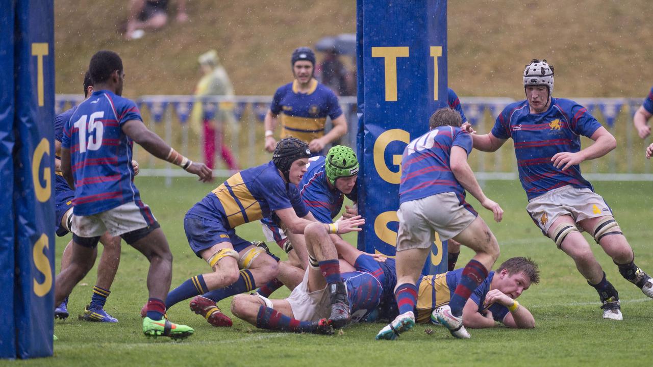 Harry Hoopert scores for Grammar. O'Callaghan Cup at Toowoomba Grammar. Saturday, Aug 29, 2015. Photo Nev Madsen / The Chronicle