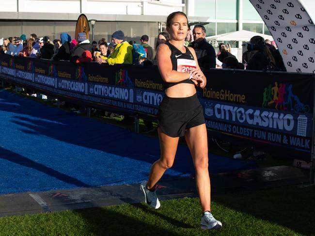 Eloise Nairn-Smith crosses the line in the 7km race at the City to Casino on Sunday 18th May 2025. Picture: Linda Higginson