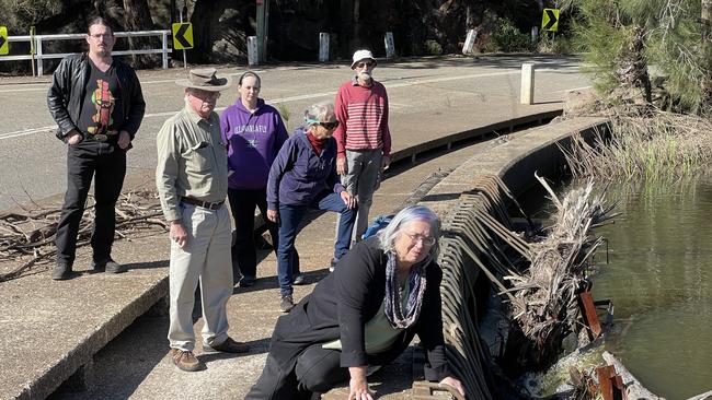 Helen Armstrong (front) with husband Jeffrey Armstrong (husband), son Jeffrey Armstrong (left) with his wife Samantha O'Regan, and other concerned residents Judy and Greg Walker are concerned about the lack of maintenance of Audley Weir. Picture: Ashleigh Tullis