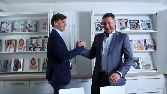 Veit Dengler, chief operating officer at Bauer Media, and then newly appointed Bauer CEO Brendon Hill in May, 2019. Picture: Britta Campion