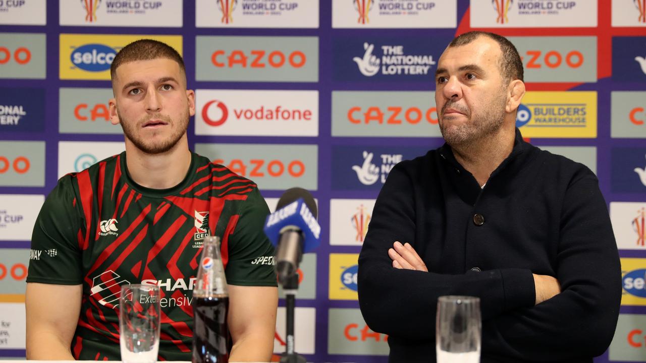 Michael Cheika and Adam Doueihi during Lebanon’s Rugby League World Cup campaign last year. Picture: Charlotte Tattersall/Getty Images