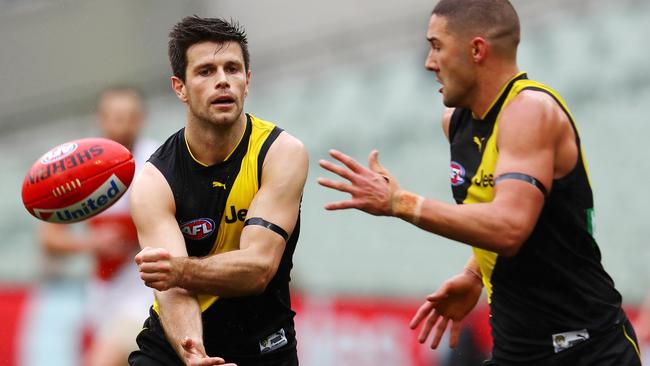 Trent Cotchin had some fun interviewing some Richmond teammates. Pic: Michael Klein