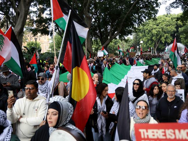 SYDNEY, AUSTRALIA - NewsWire Photos AUGUST 4, 2024: Free Palestine protest, Hyde Park. Protesters gather at Hyde Park in Sydney to call for peace and an end to the current Israel occupation of Palestine and the ongoing war between the two nations.Picture: NewsWire / Damian Shaw