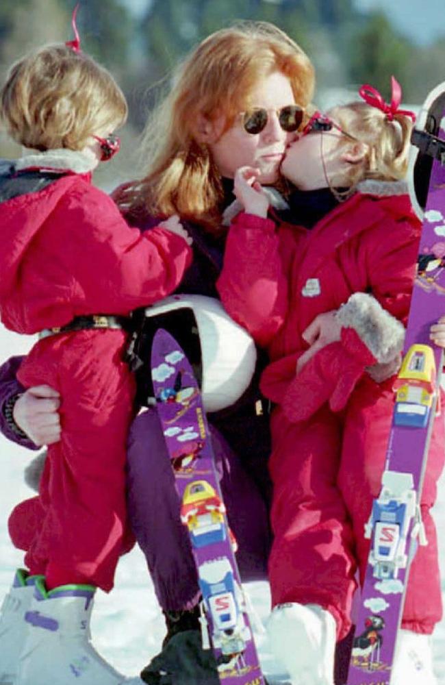 Fergie, Beatrice and Eugenie skiing in Switzerland. Picture: Supplied