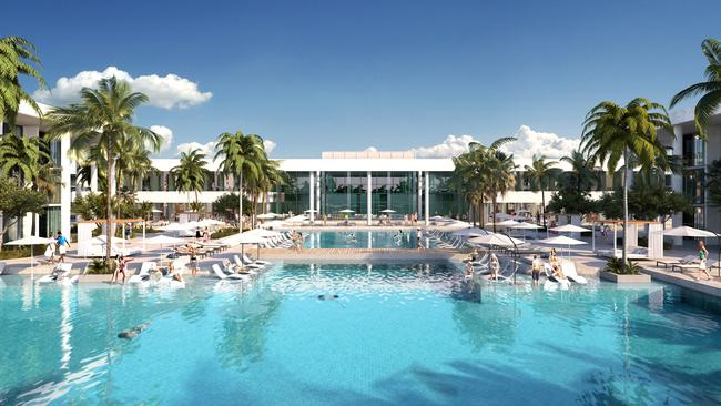 An artist’s rendition of the Star Entertainment Group’s pledged upgrade of the Sheraton Grand Mirage pool area on the Gold Coast. Picture: Supplied