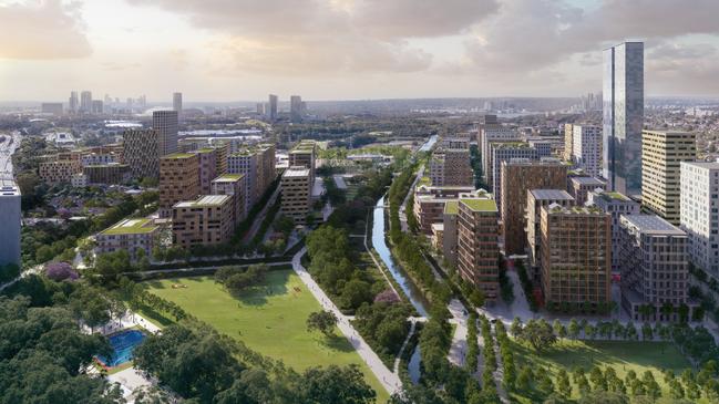 More homes and jobs are set to be available near major transport hubs as the NSW Government releases its master plans for rezonings across Sydney. Pictured is a render of open space in Homebush. Image: Supplied