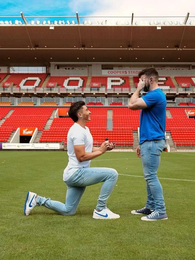 Adelaide United player Joshua Cavallo gets engaged to his partner on the Hindmarsh pitch. Picture: Instagram @joshua.cavallo