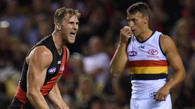 James Stewart celebrates a goal for the Bombers in 2018. Picture: Getty Images