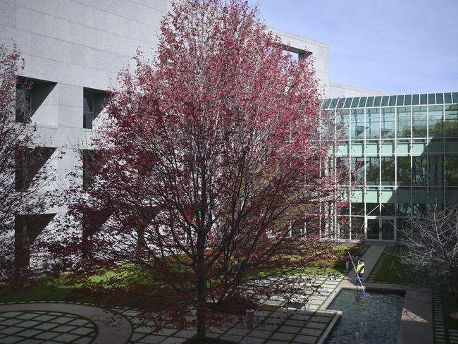 Sunset maples trees, also referred to as the 'Budget trees are seen in the Senate courtyard at Parliament House in Canberra, Tuesday, May 12, 2020. The Australian government had meant to hand down the Budget for 2020/2021 today, but decided to postpone it to October 6, 2020. (AAP Image/Lukas Coch) NO ARCHIVING