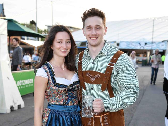 Kim Csoka and Hayden Williams at Oktoberfest Brisbane. Picture: Patrick Woods.