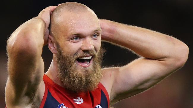 Melbourne ruckman Max Gawn laments a free kick given away during the club’s loss to Essendon on Friday. Picture: Michael Dodge/Getty Images.