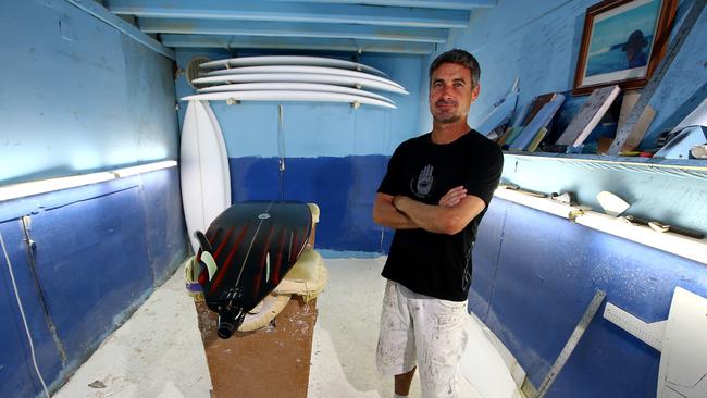 Dale Wilson from Byrning Spears surf board factory has designed a board with a Wilson Jet motor for big wave surfing Photo: David Clark