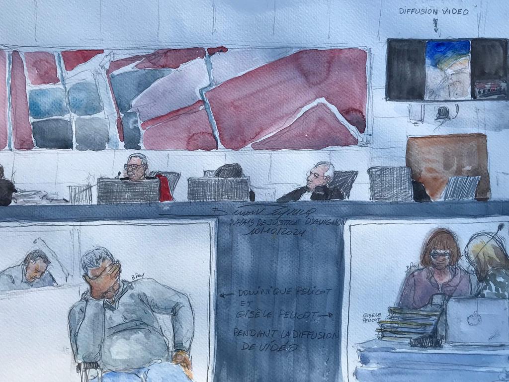 A court sketch shows Gisele Pelicot and her ex-husband, Dominique Pelicot, covering his face, during the viewing of footage of her alleged sexual assault. Picture: Benoit Peyrucq/AFP