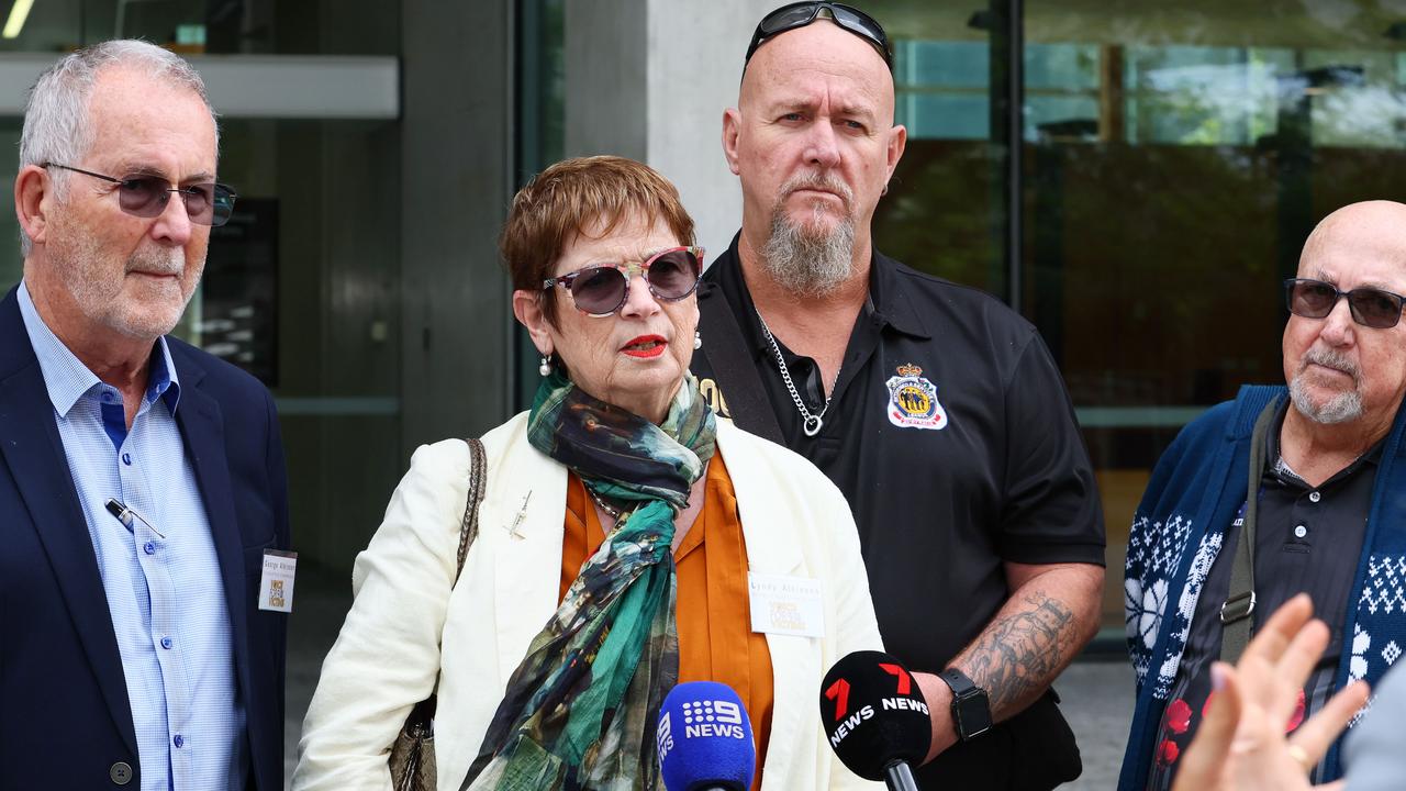 Voice for Victims ambassadors George and Lyndy Atkinson (from left) with Chris Sanders at the Brisbane Supreme Court. Picture: NewsWire/Tertius Pickard