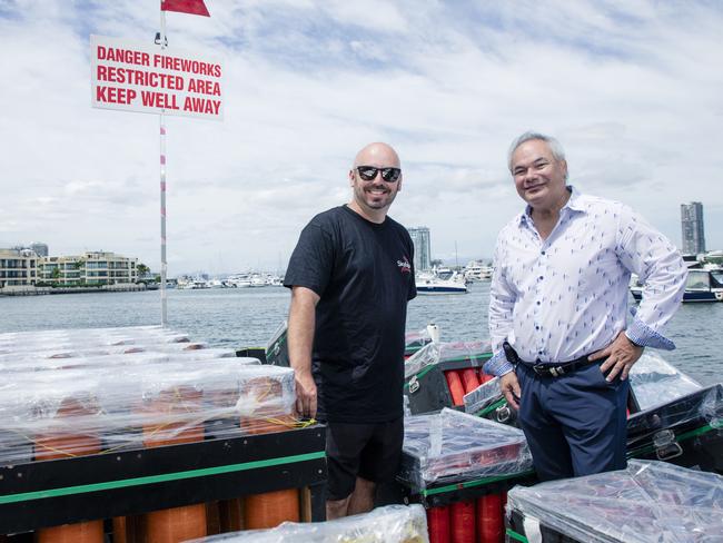 Mayor Tom Tate with Skylighter Fireworks Nick Kozij ahead of Gold CoastÃs New YearÃs Eve celebrations and fireworks displays.Picture: Glenn Campbell