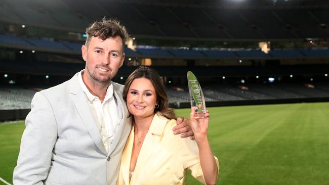 Xavier and Kimberley Prime from Chooks at the Rooke at Cororooke in Victoria celebrate their win as Innovative Farmer of the Year. Picture: Yuri Kouzmin