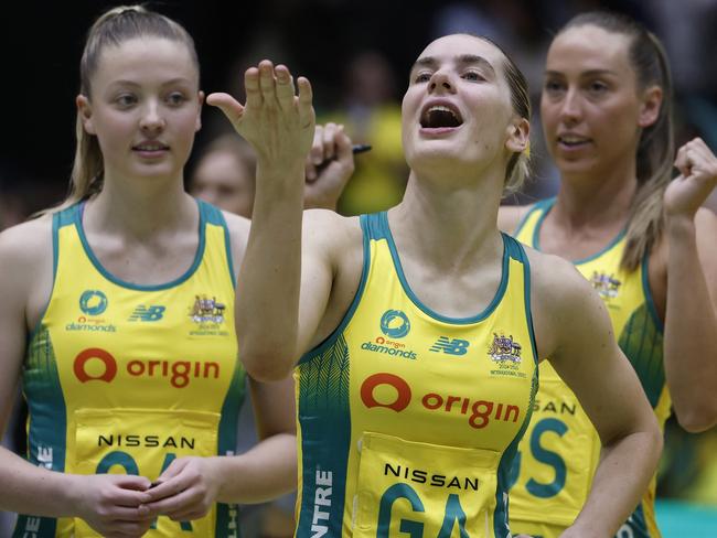 BENDIGO, AUSTRALIA - SEPTEMBER 25: Kiera Austin of Australia gestures winning game three of the international series between Australia Diamonds and England Roses at Bendigo Stadium on September 25, 2024 in Bendigo, Australia. (Photo by Daniel Pockett/Getty Images)