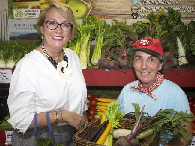 Frontrunner for Melbourne lord mayor Sally Capp speaks to Suzy Steininger from Gardens Organics. Picture: Sarah Matray