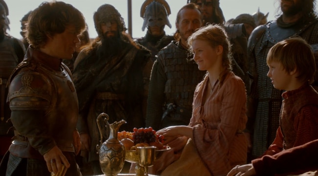 Tyrion chats to the Original Myrcella and Tommen, who will be replaced shortly.