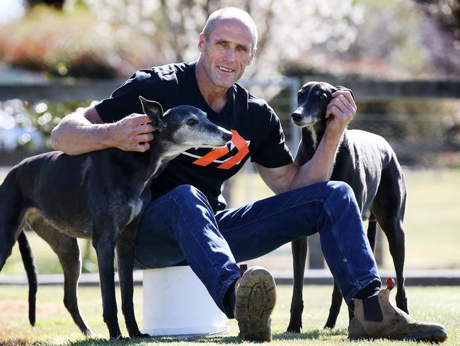 Tony Lockett at home with his retired champion greyhounds Bon and Yogi. Picture: Michael Klein