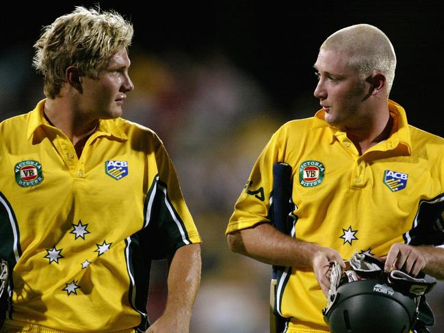 Shane Watson and Michael Clarke on January 19, 2003. Picture: Hamish Blair/Getty