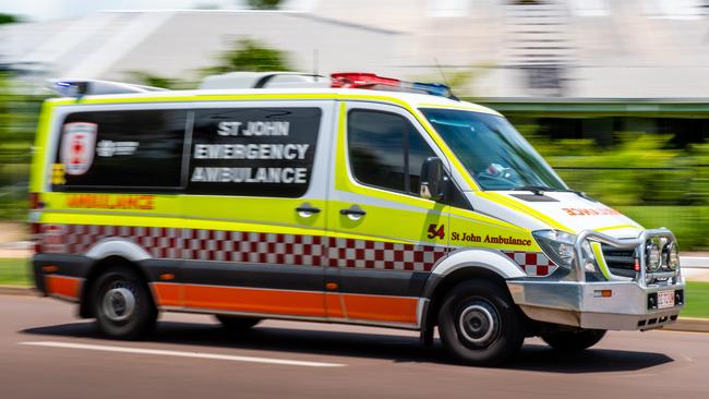 St John Ambulance paramedics, along with NT Police, attended the scene of a crash on Roystonea Ave this afternoon. Picture: Che Chorley