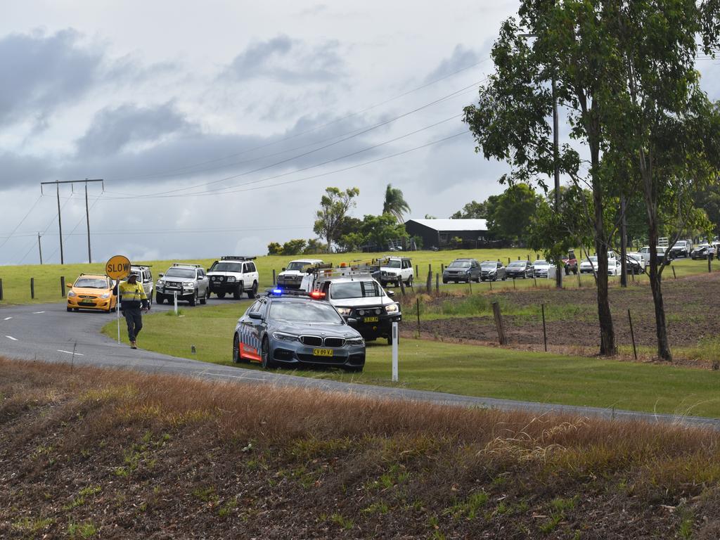 Traffic was blocked in both directions after a red sedan Mitsubishi Lancer sedan crashed into a power pole on Rogans Bridge Rd north of Waterview Heights on Thursday, 18th February, 2021. Photo Bill North / The Daily Examiner